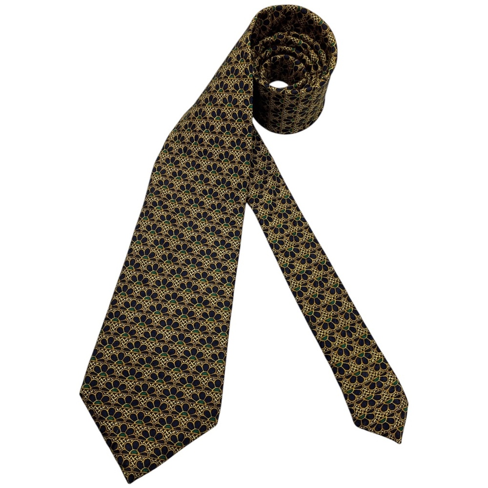 LANVIN XL Black/Gold/Green Geometric Floral Silk LUXURY Tie FRANCE